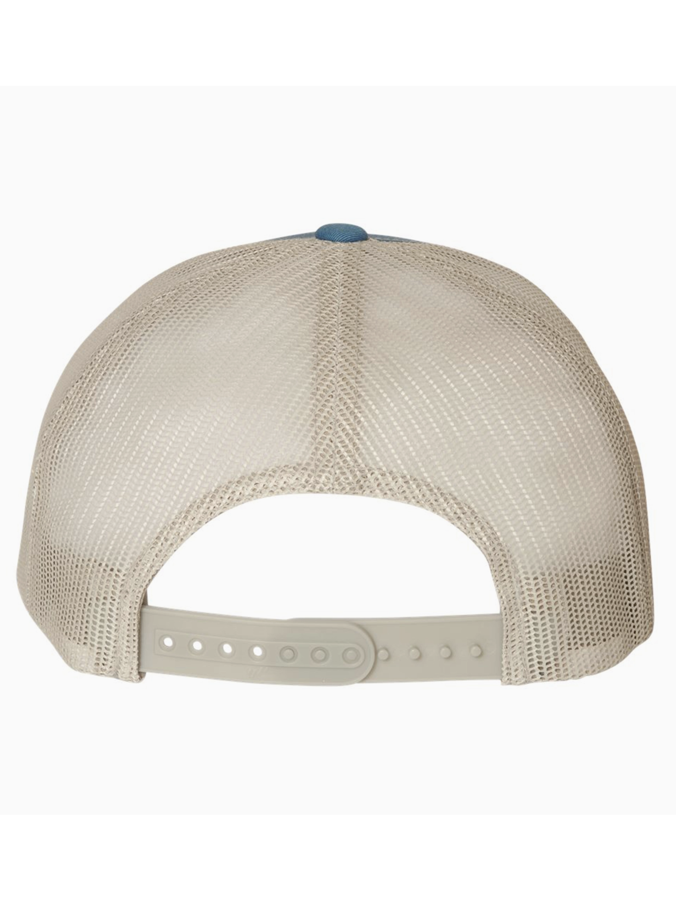 Beige mesh cap with a blue button on a white background