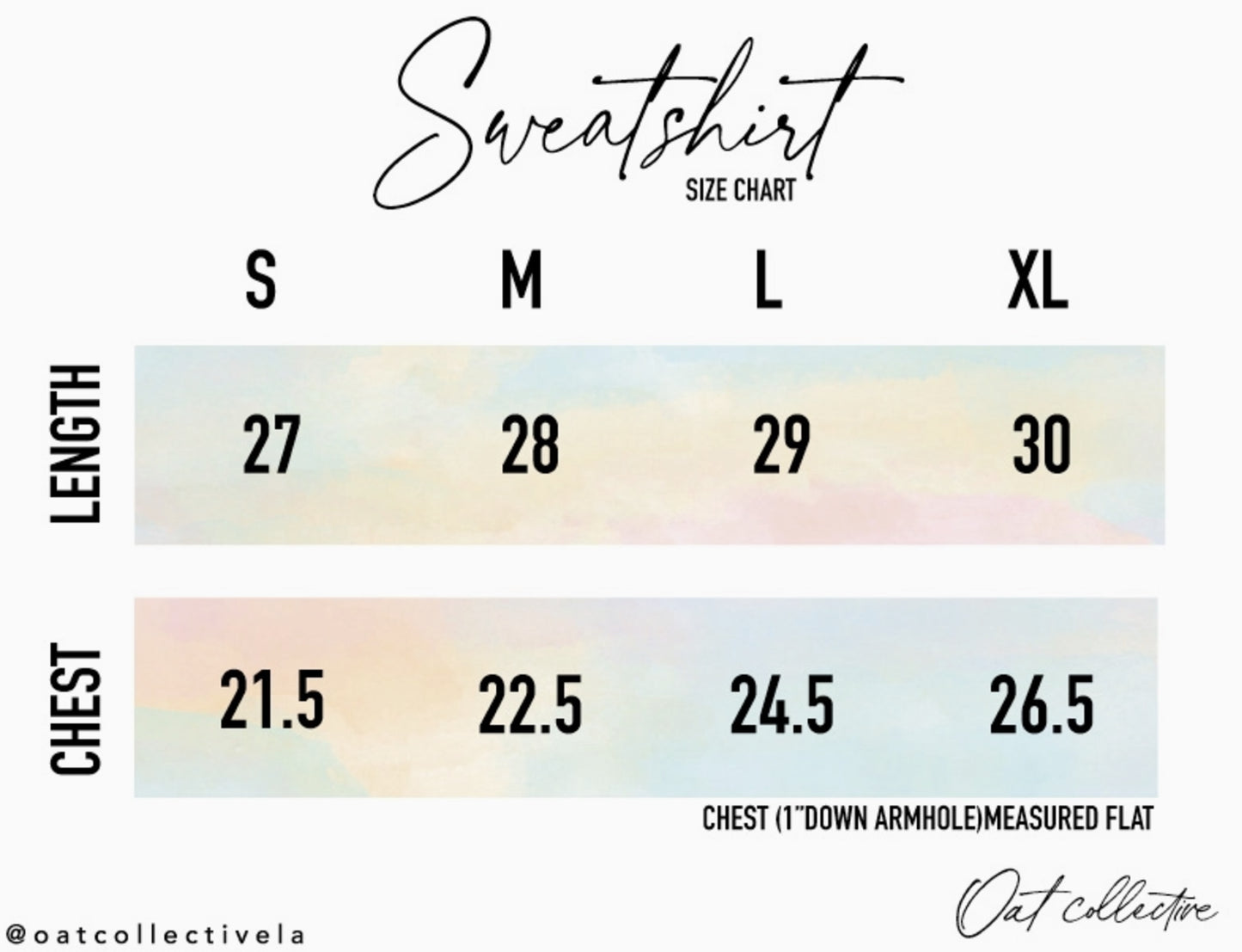Sweatshirts size chart.