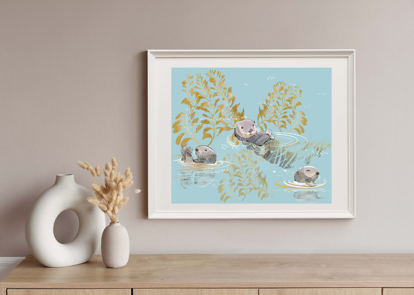 Aqua Sea Otters Chillin - Illustrated Print by Thomas Little