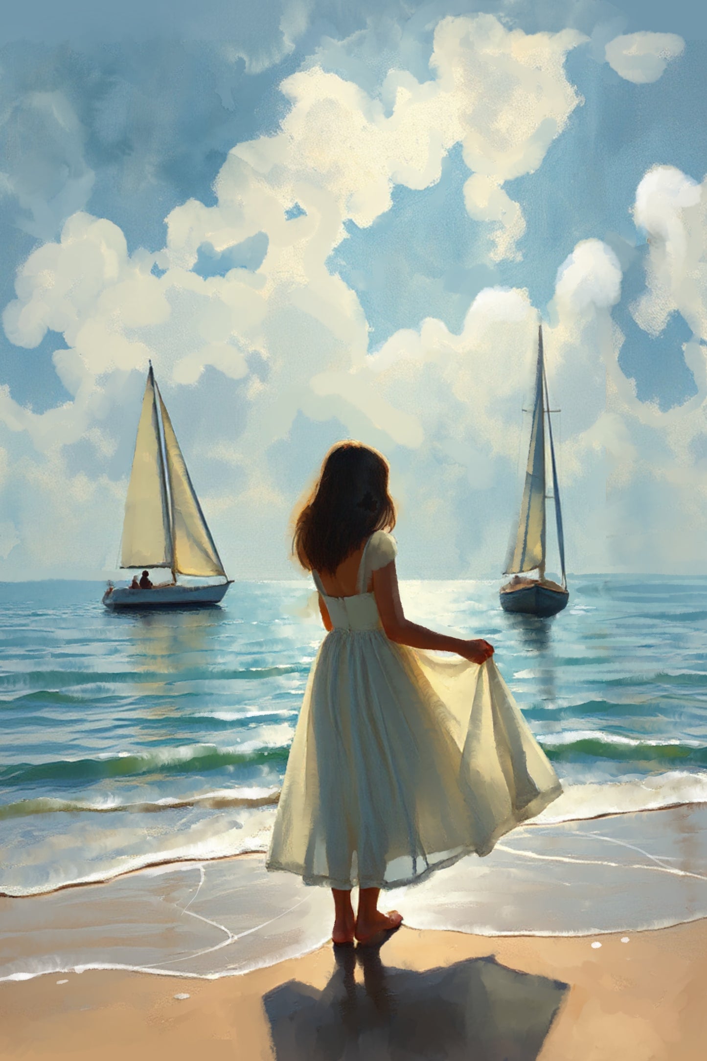 At the Beach – Romantic Coastal Art Print with Dreamy Seaside Serenity