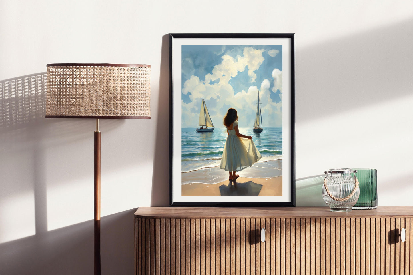 At the Beach – Romantic Coastal Art Print with Dreamy Seaside Serenity