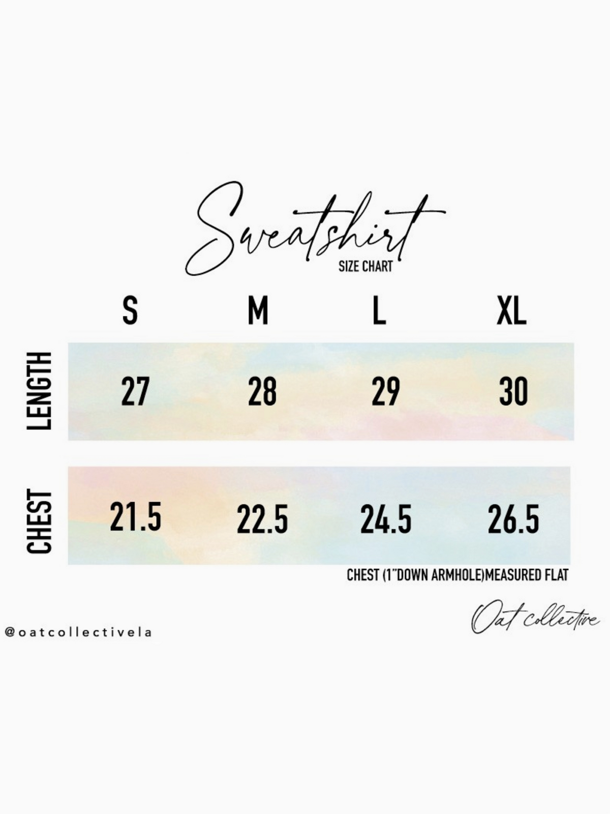 Sweatshirt size chart with length and chest measurements on a white background