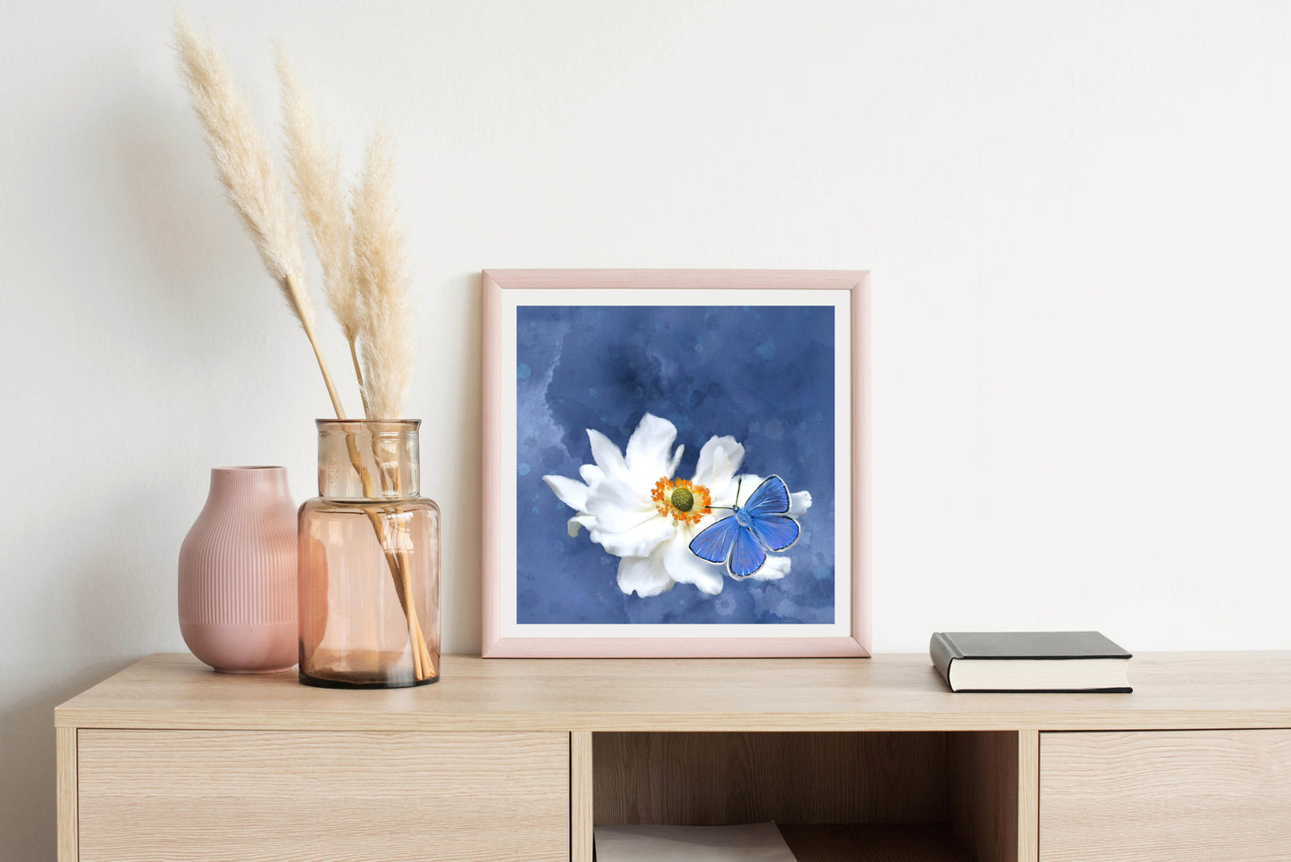 Blue Butterfly White Flower - Illustrated Print by Thomas Little