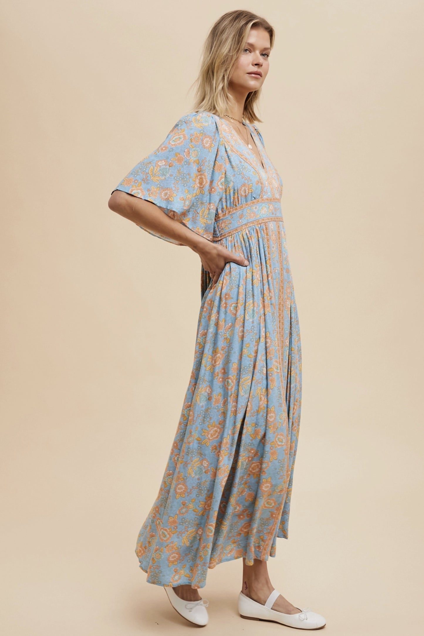 Border Print Flutter Sleeve Maxi (Dusty Blue color) - By In Loom