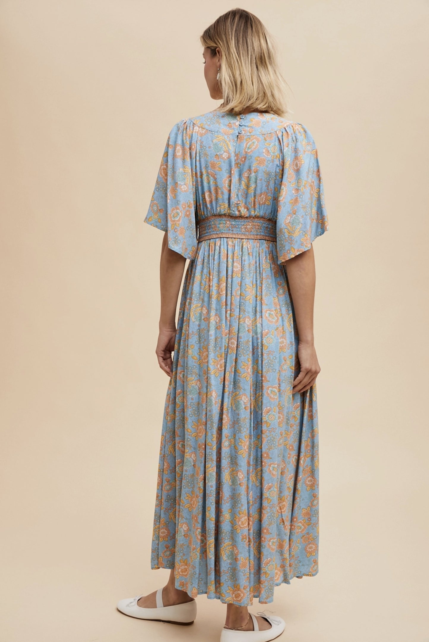 Border Print Flutter Sleeve Maxi (Dusty Blue color) - By In Loom