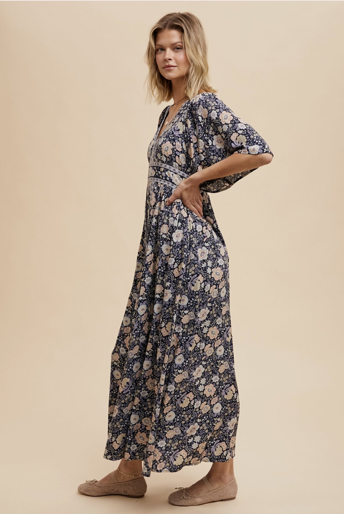 Border Print Flutter Sleeve Maxi (Midnight color) - By In Loom
