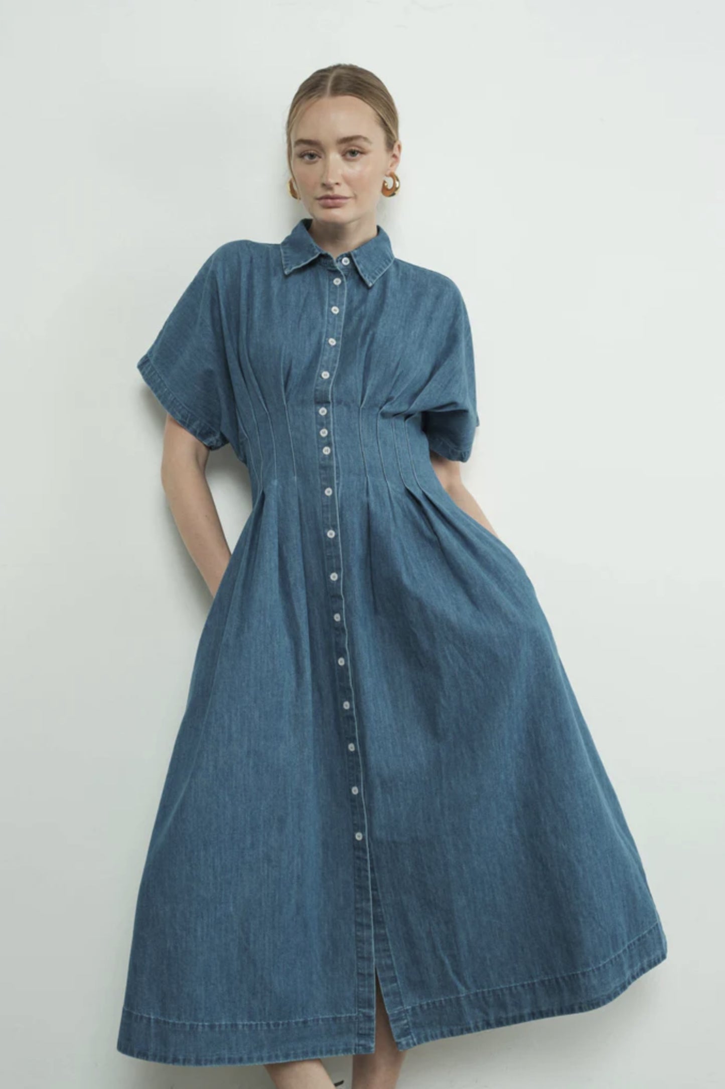 Button-Front Pleated Shirt Dress - By Aaron & Amber®
