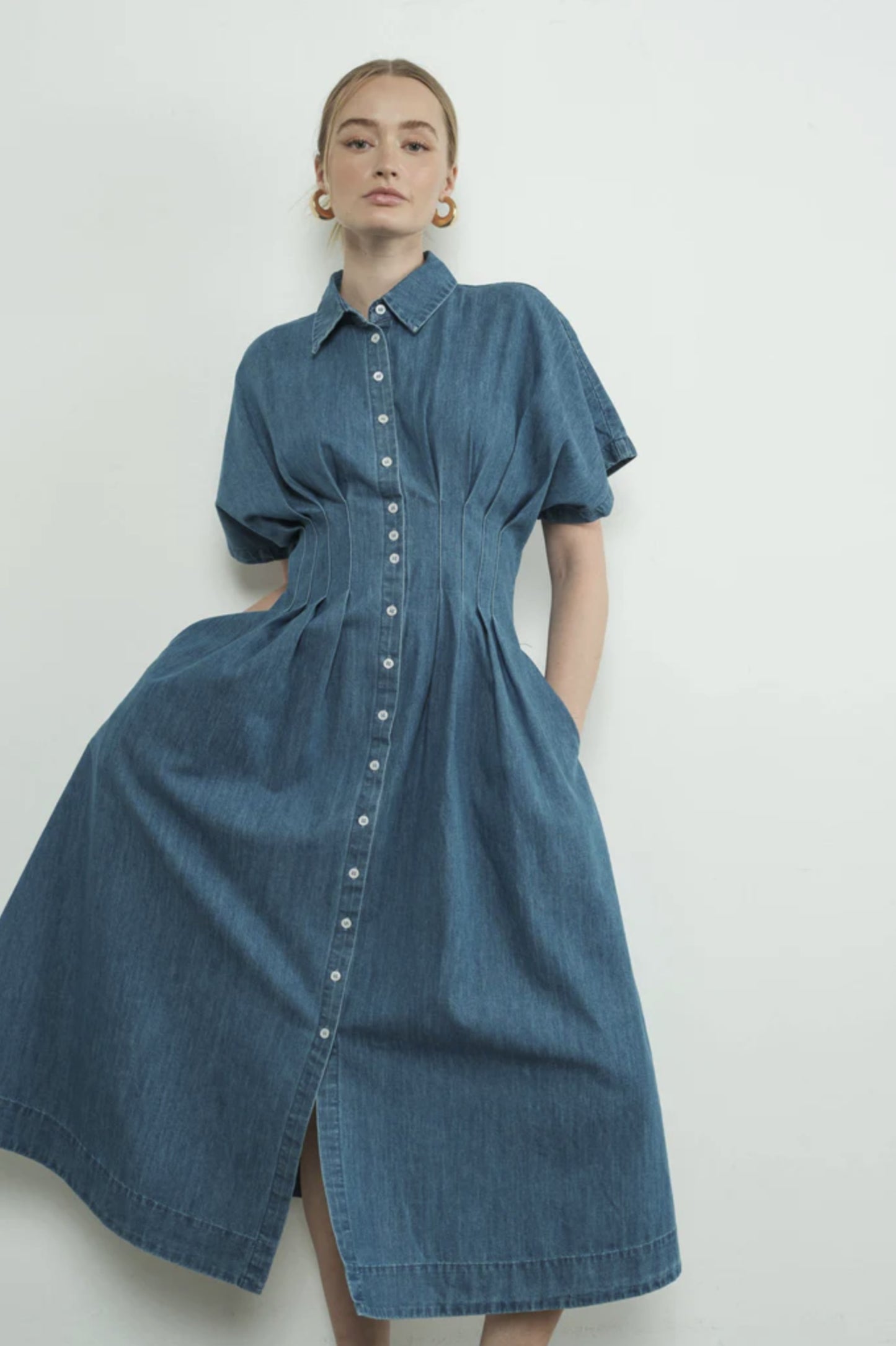 Button-Front Pleated Shirt Dress - By Aaron & Amber®