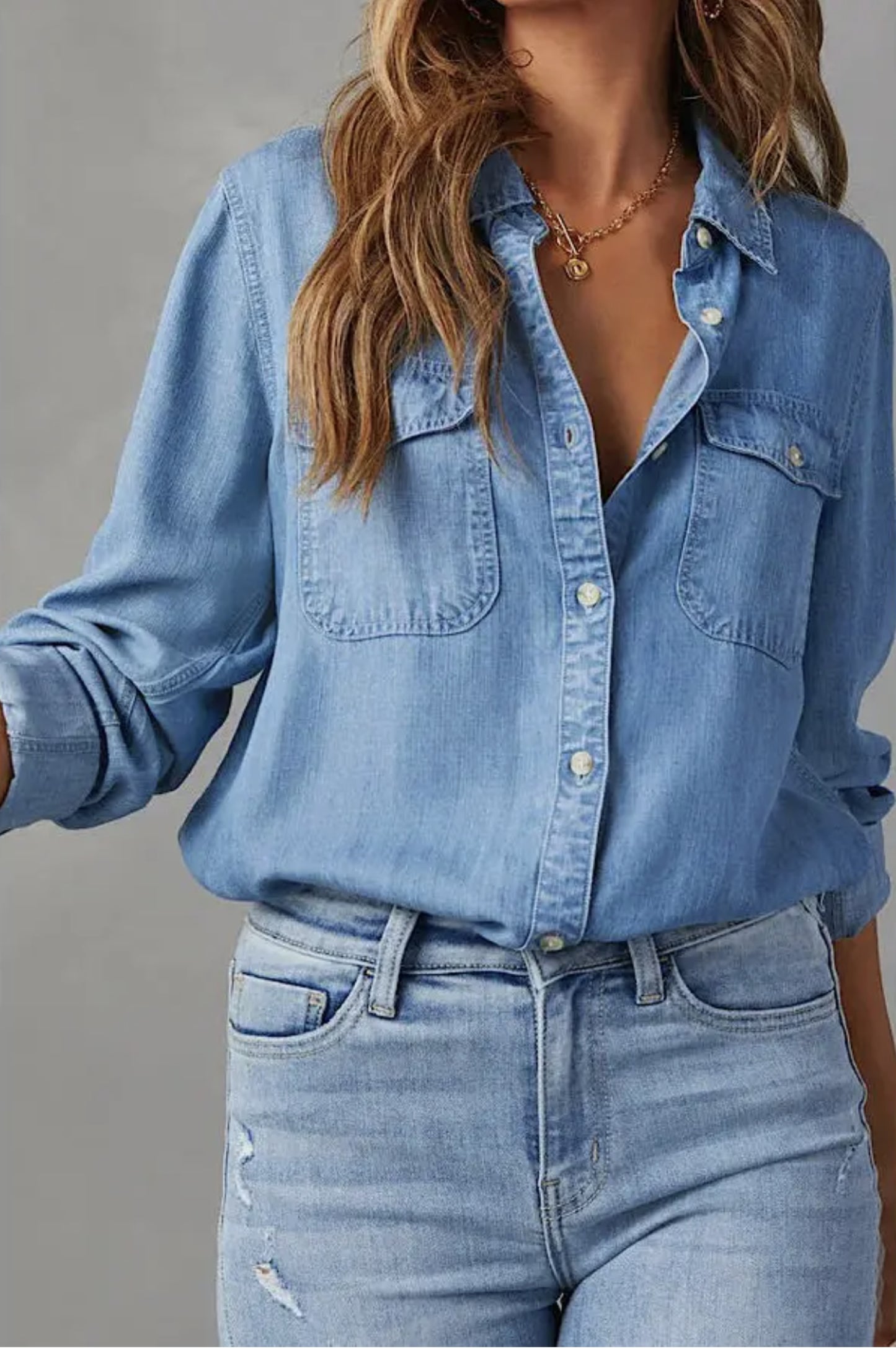 Button Down Denim Shirt (Light Blue color) - by Miss Sparkling®