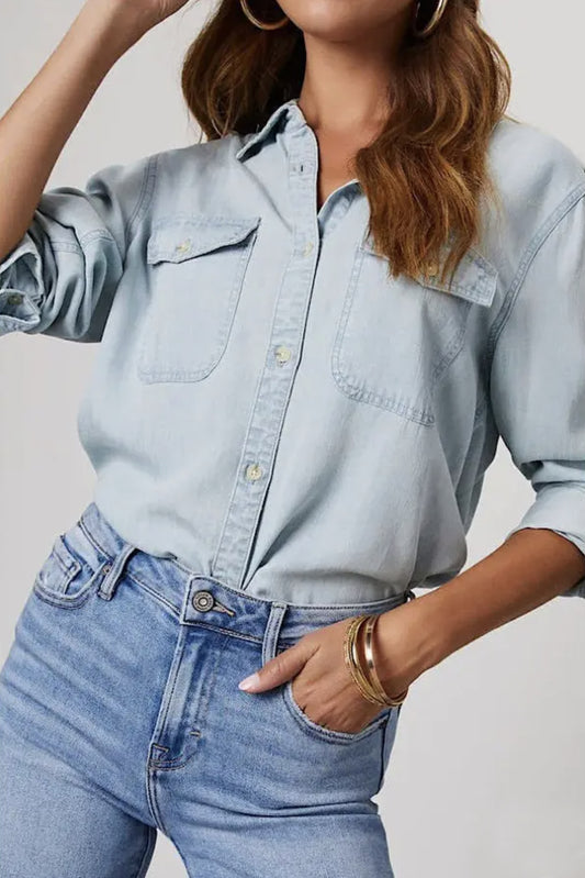 Button Down Denim Shirt (Washed Blue color) - by Miss Sparkling®