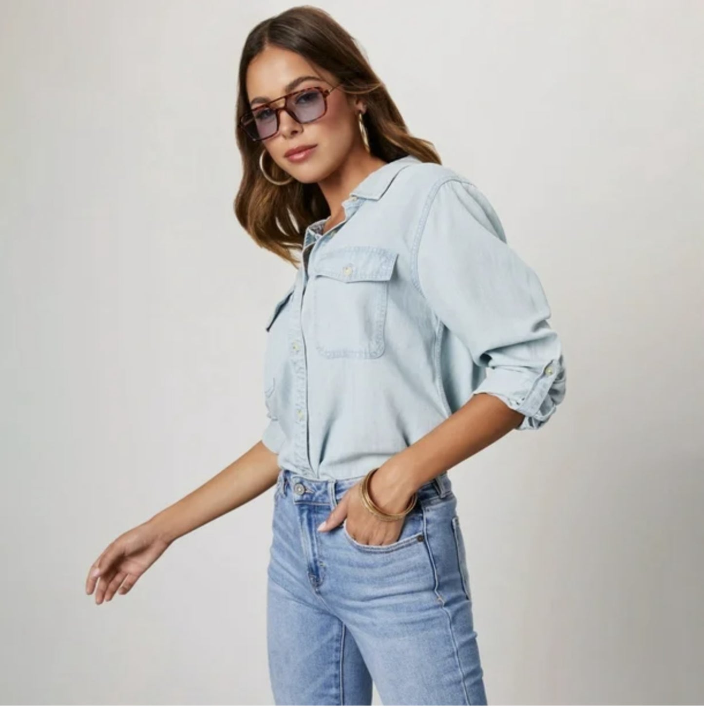 Button Down Denim Shirt (Washed Blue color) - by Miss Sparkling®