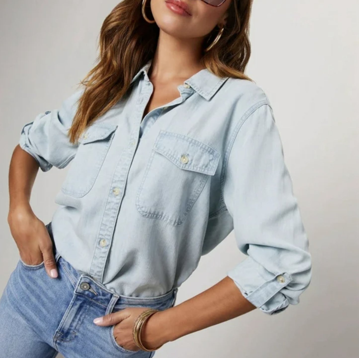 Button Down Denim Shirt (Washed Blue color) - by Miss Sparkling®