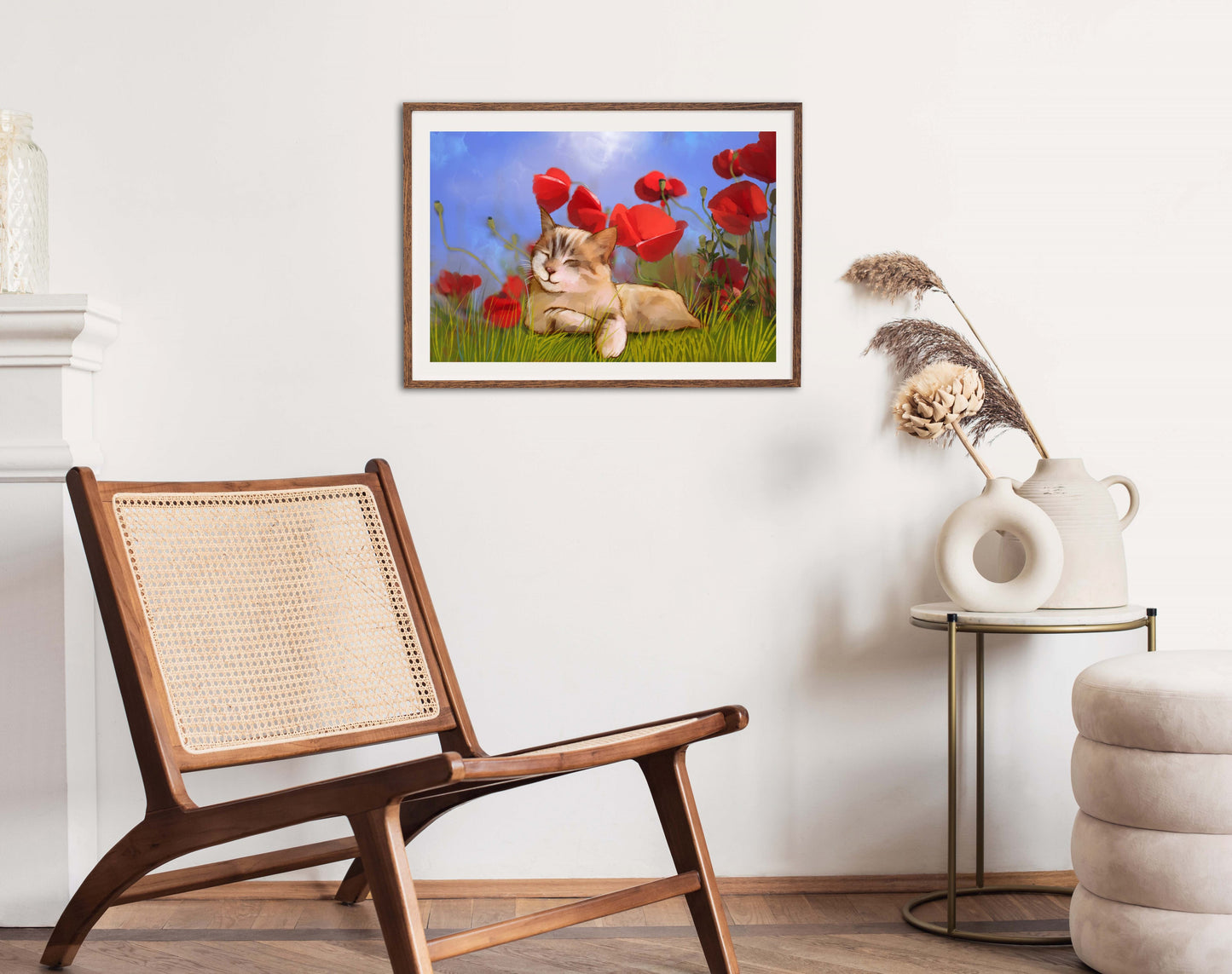 Cat in Poppy Field - Illustrated Print by Thomas Little