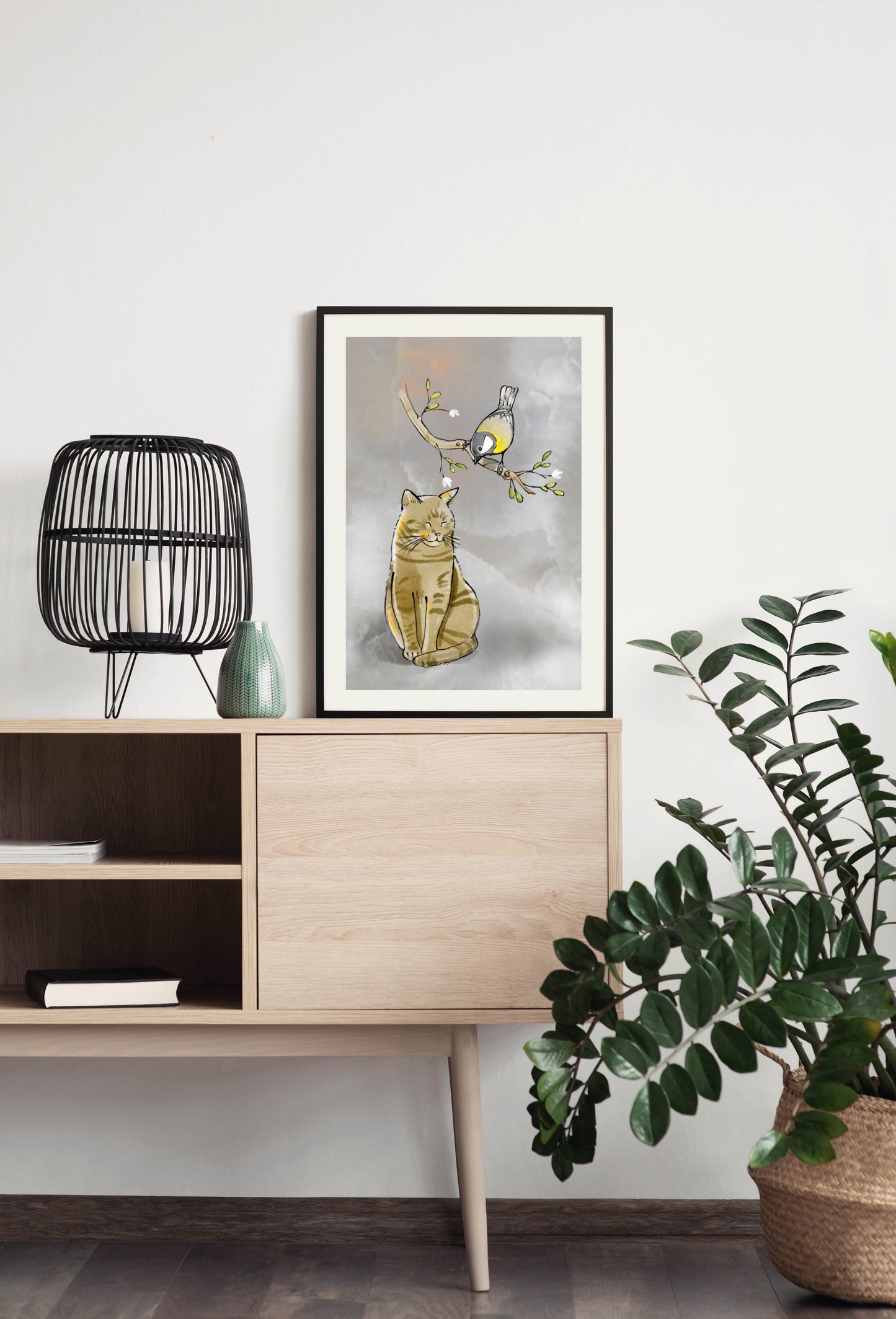 Catnap and Watchful Bird - Illustrated Print by Thomas Little