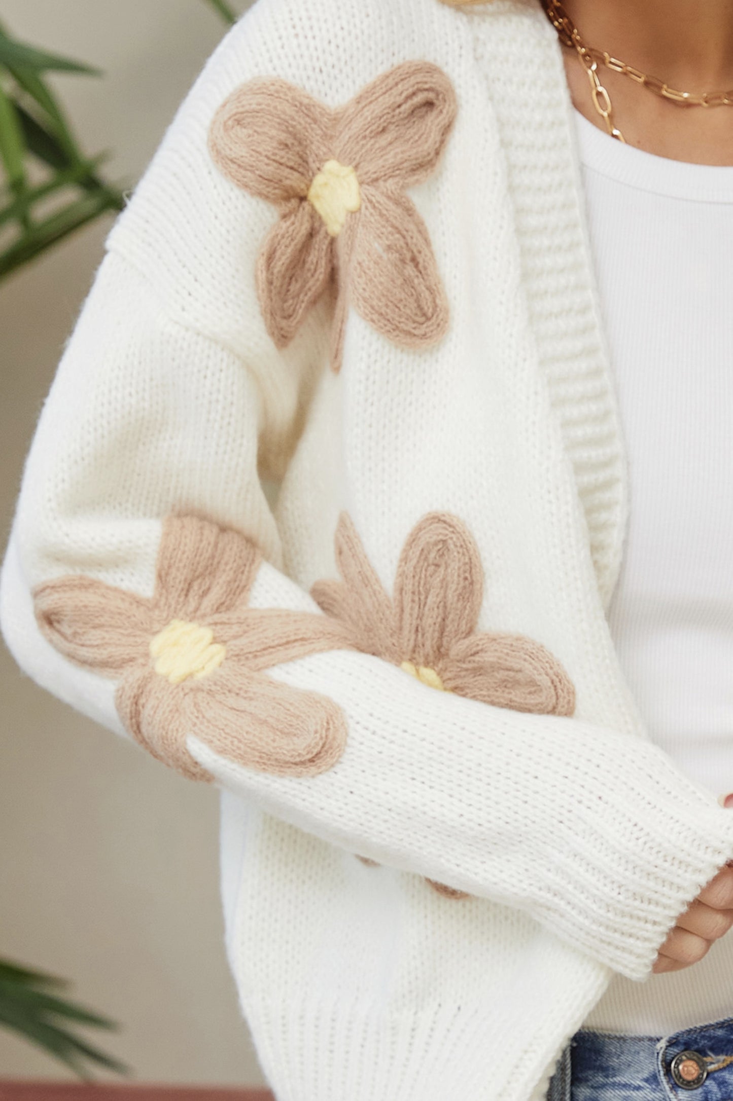 Cozy Sweater Cardigan with Floral Patch (Ivory color) - by Sweet Lovely by Jen®