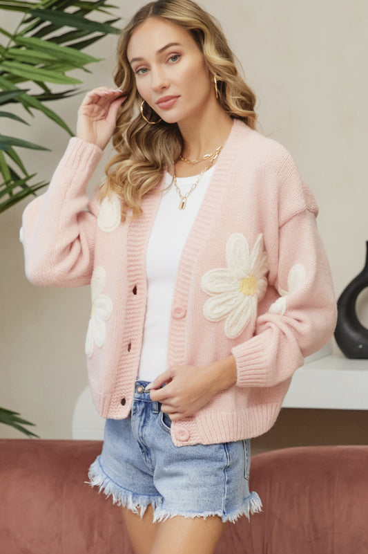 Cozy Sweater Cardigan with Floral Patch (Pink color) - by Sweet Lovely by Jen®