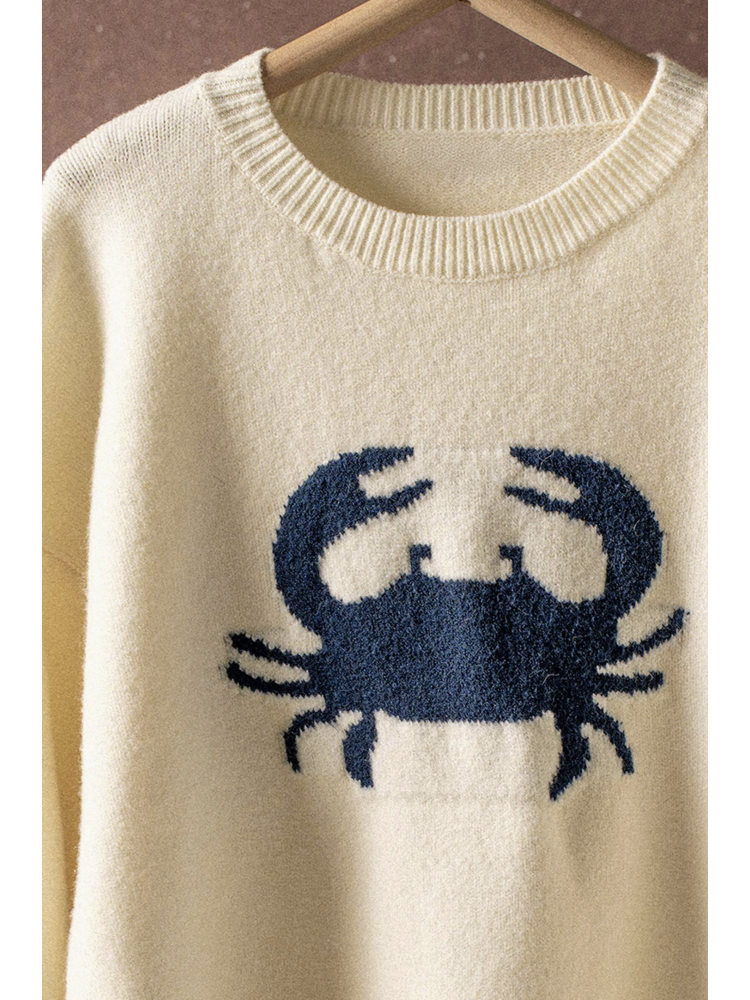 Beige sweater with a blue crab design on a hanger against a brown background