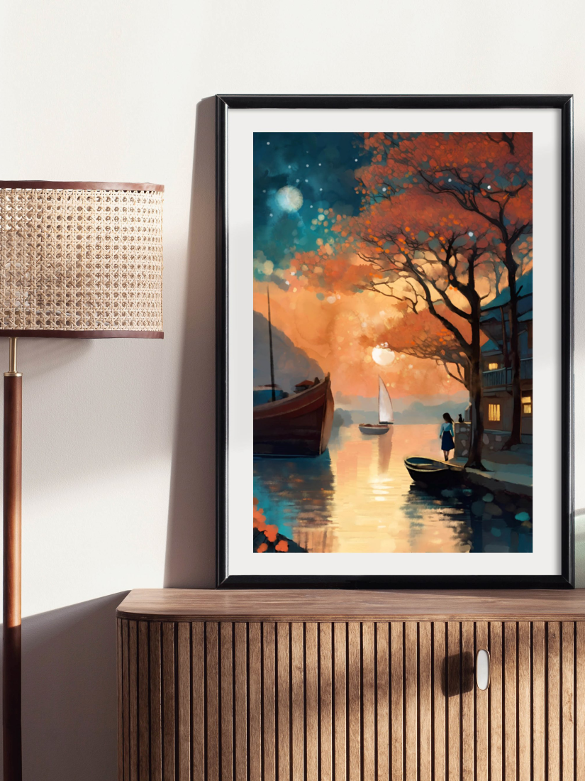 Framed artwork sample of Painterly harbor scene at twilight with a golden sunset, starry night sky, sailboats, and a girl on a dock under an orange tree.