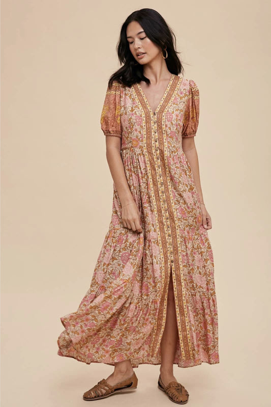 Dusty Rose Border Print Button Down Maxi Dress - By In Loom®