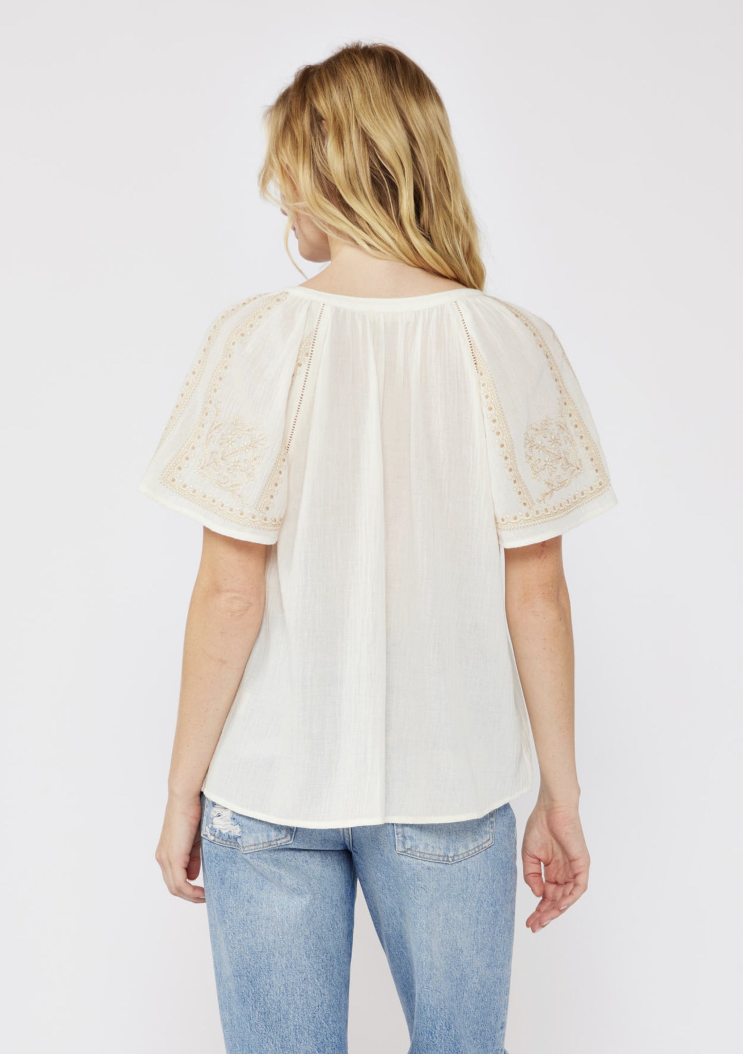 Embroidered Raglan Short Sleeve Split Neck Top - by Lovestitch®