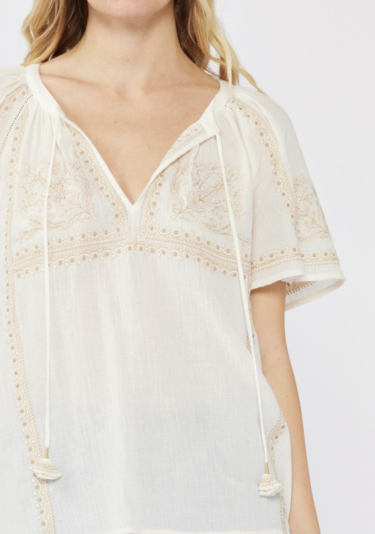 Embroidered Raglan Short Sleeve Split Neck Top - by Lovestitch®