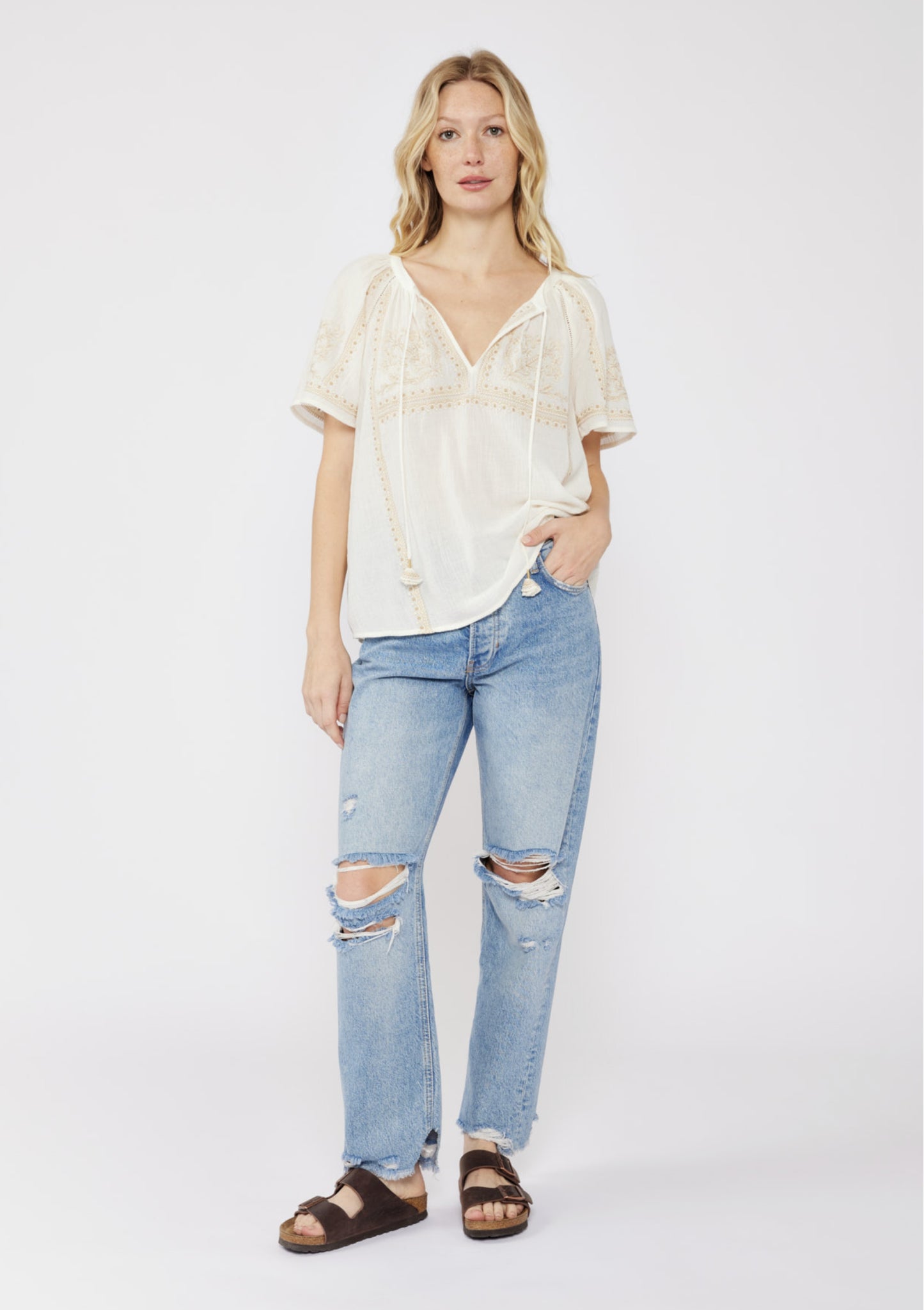 Embroidered Raglan Short Sleeve Split Neck Top - by Lovestitch®