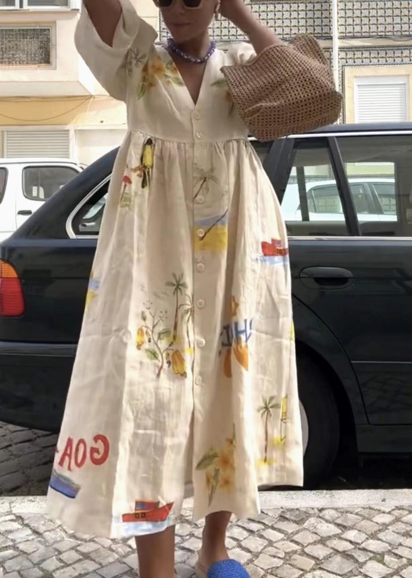 Fashion Cartoon Print V-Neck Midi Dress - by Rosa Clothing®