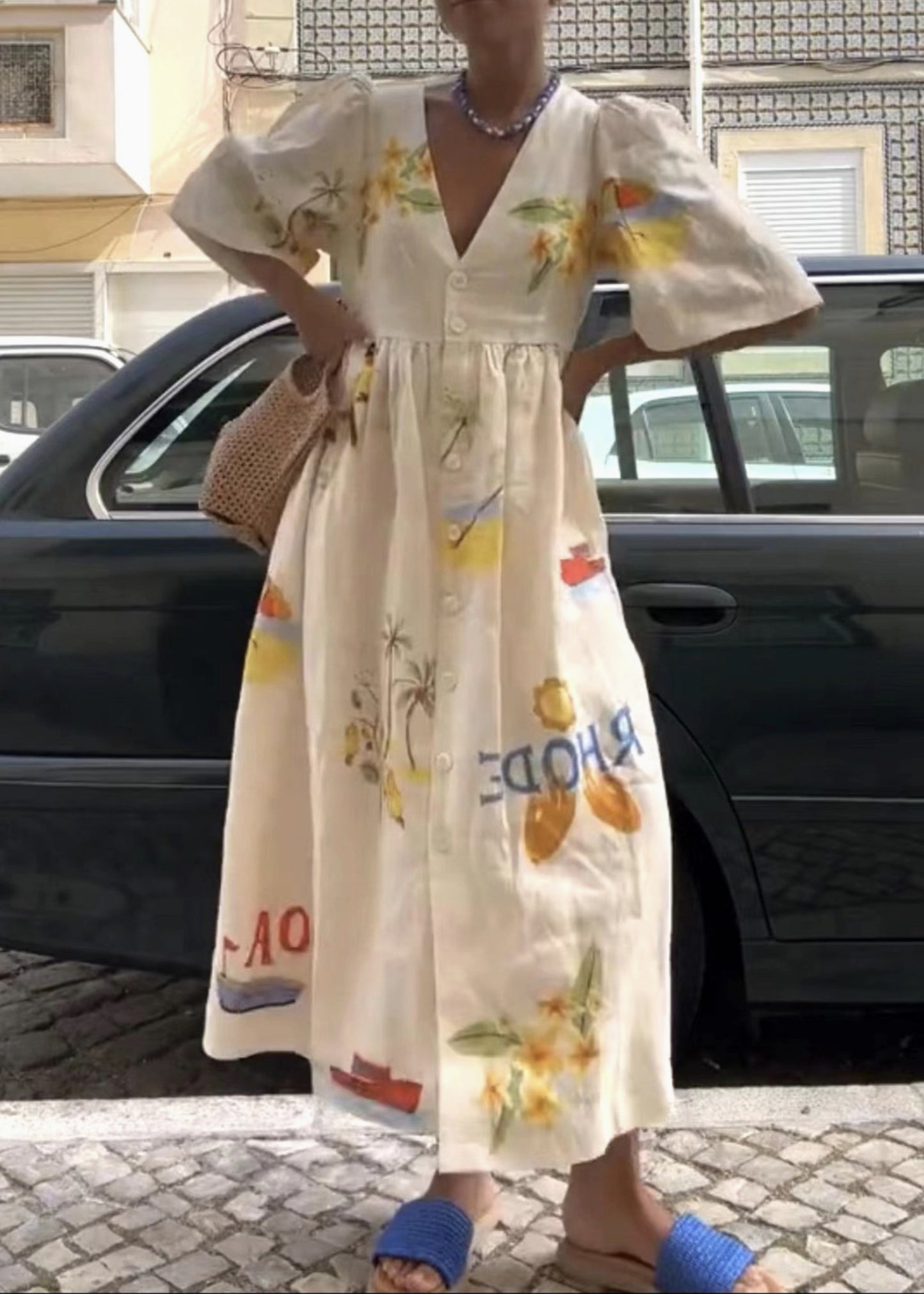 Fashion Cartoon Print V-Neck Midi Dress - by Rosa Clothing®