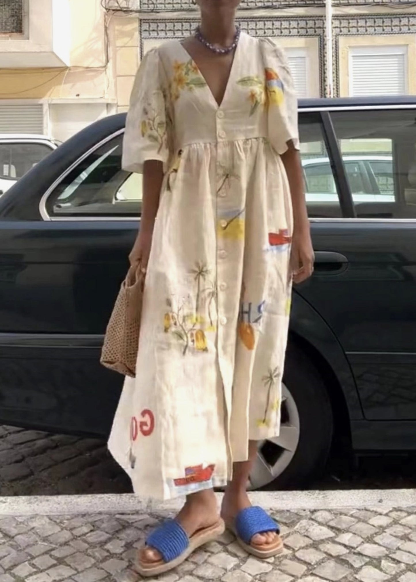 Fashion Cartoon Print V-Neck Midi Dress - by Rosa Clothing®