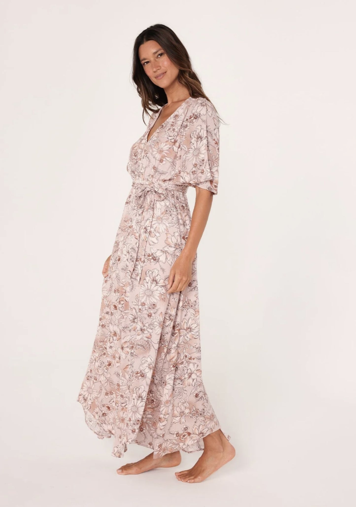 Floral Flutter Sleeve Asymmetrical Maxi Dress - by Lovestitch®