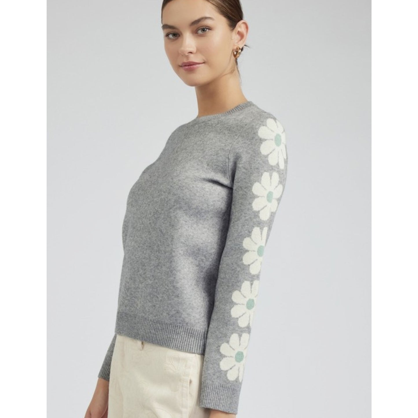 Floral Pattern Sleeve Round Neck Sweater - by Current Air®