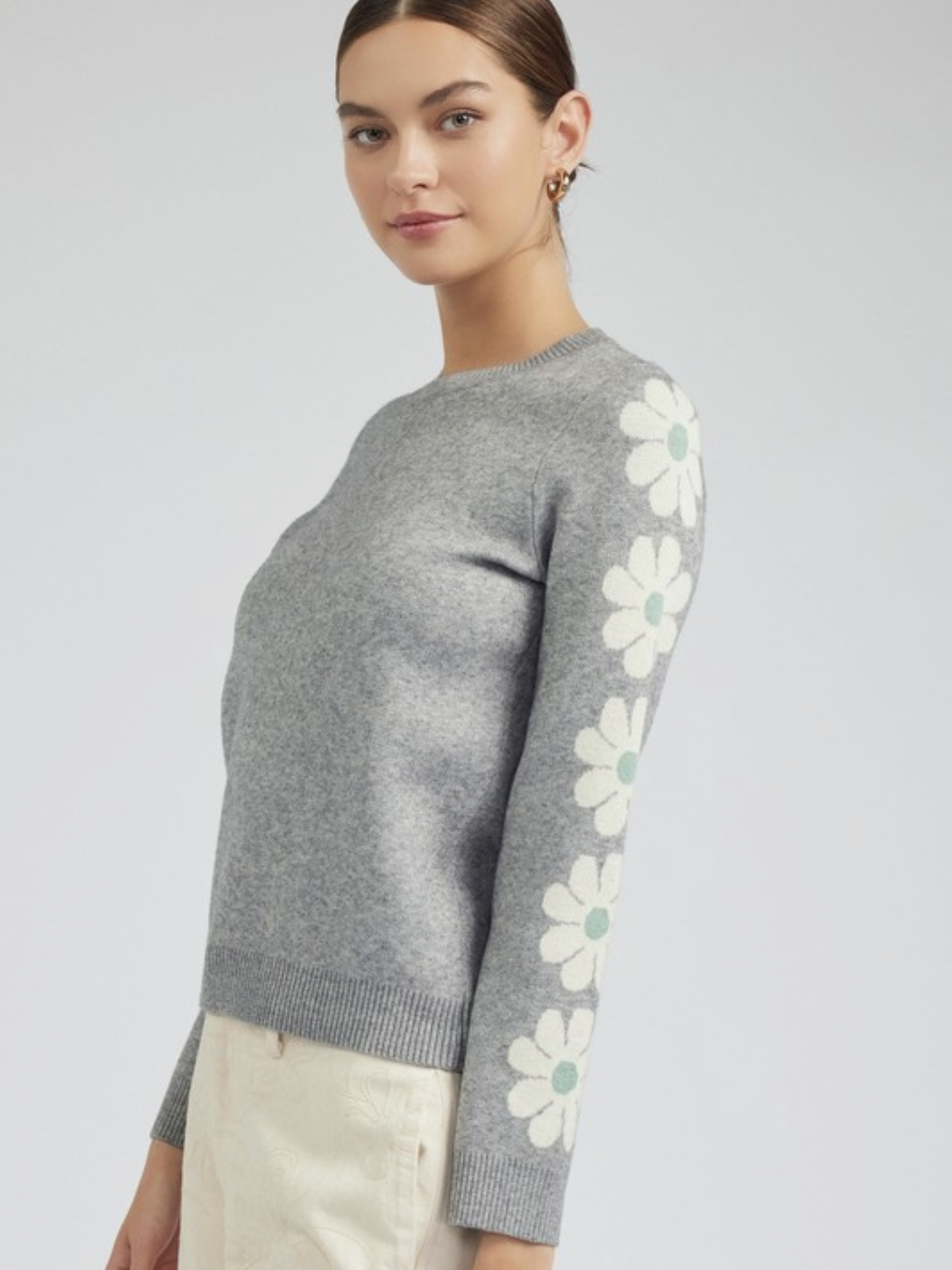 Floral Pattern Sleeve Round Neck Sweater - by Current Air®