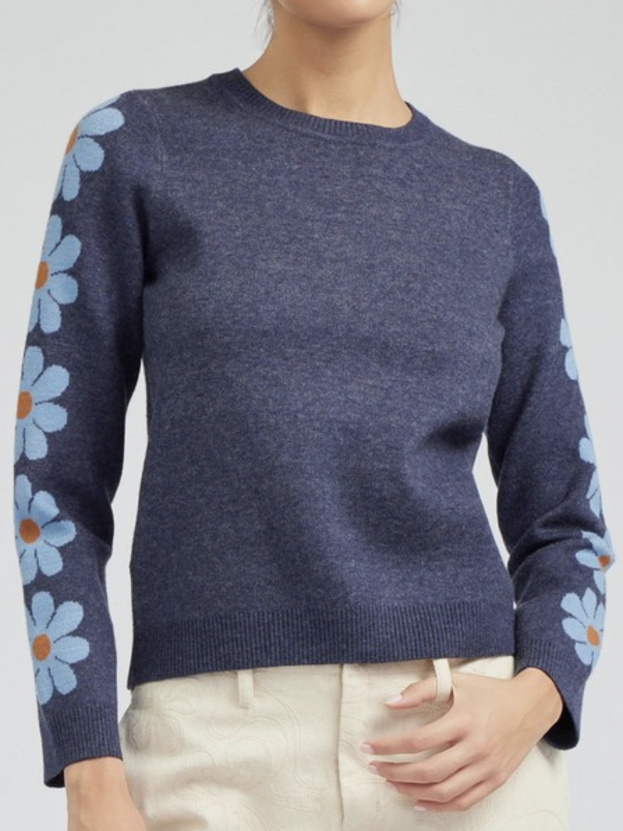 Floral Pattern Sleeve Round Neck Sweater - by Current Air®