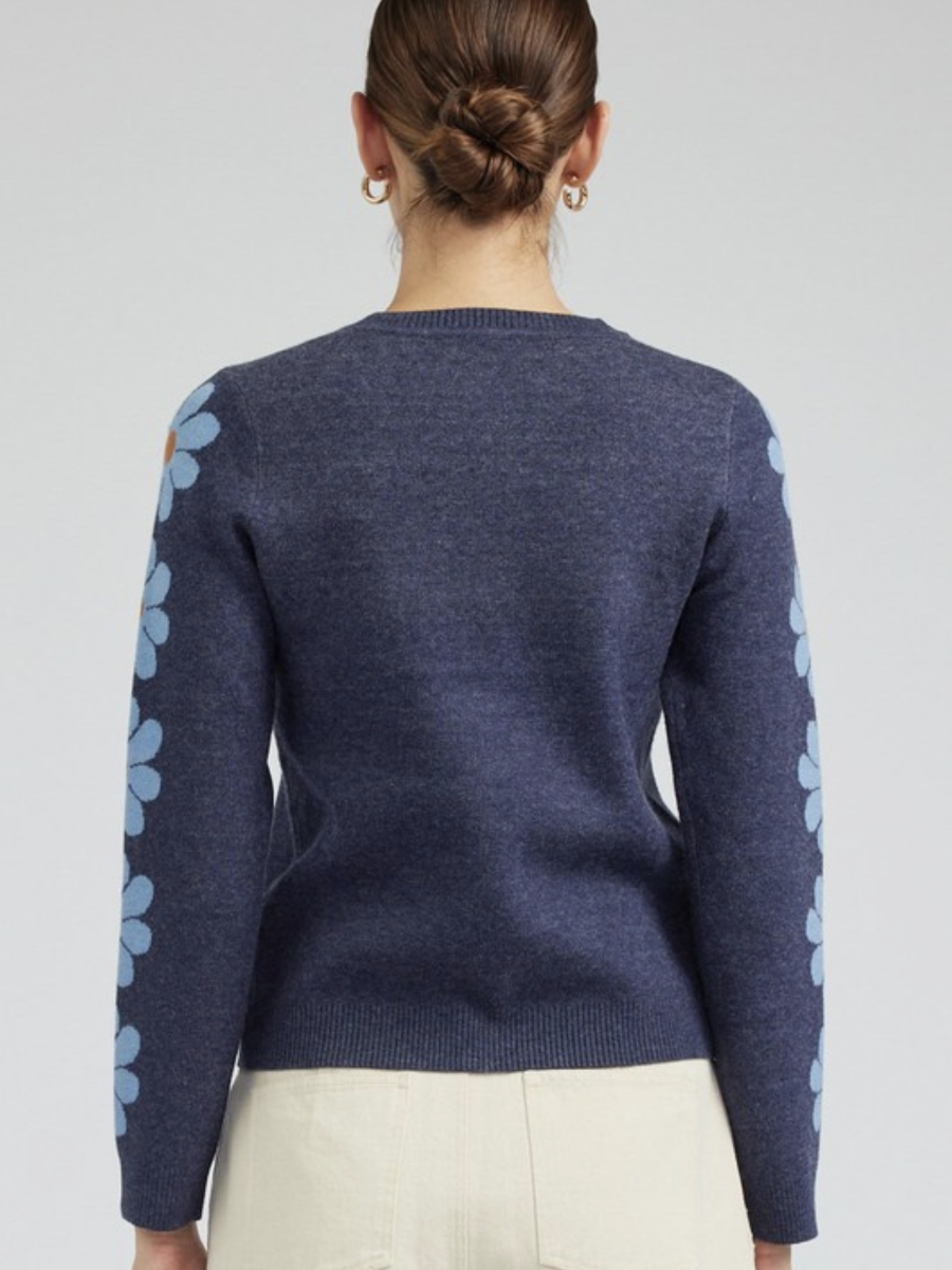 Floral Pattern Sleeve Round Neck Sweater - by Current Air®