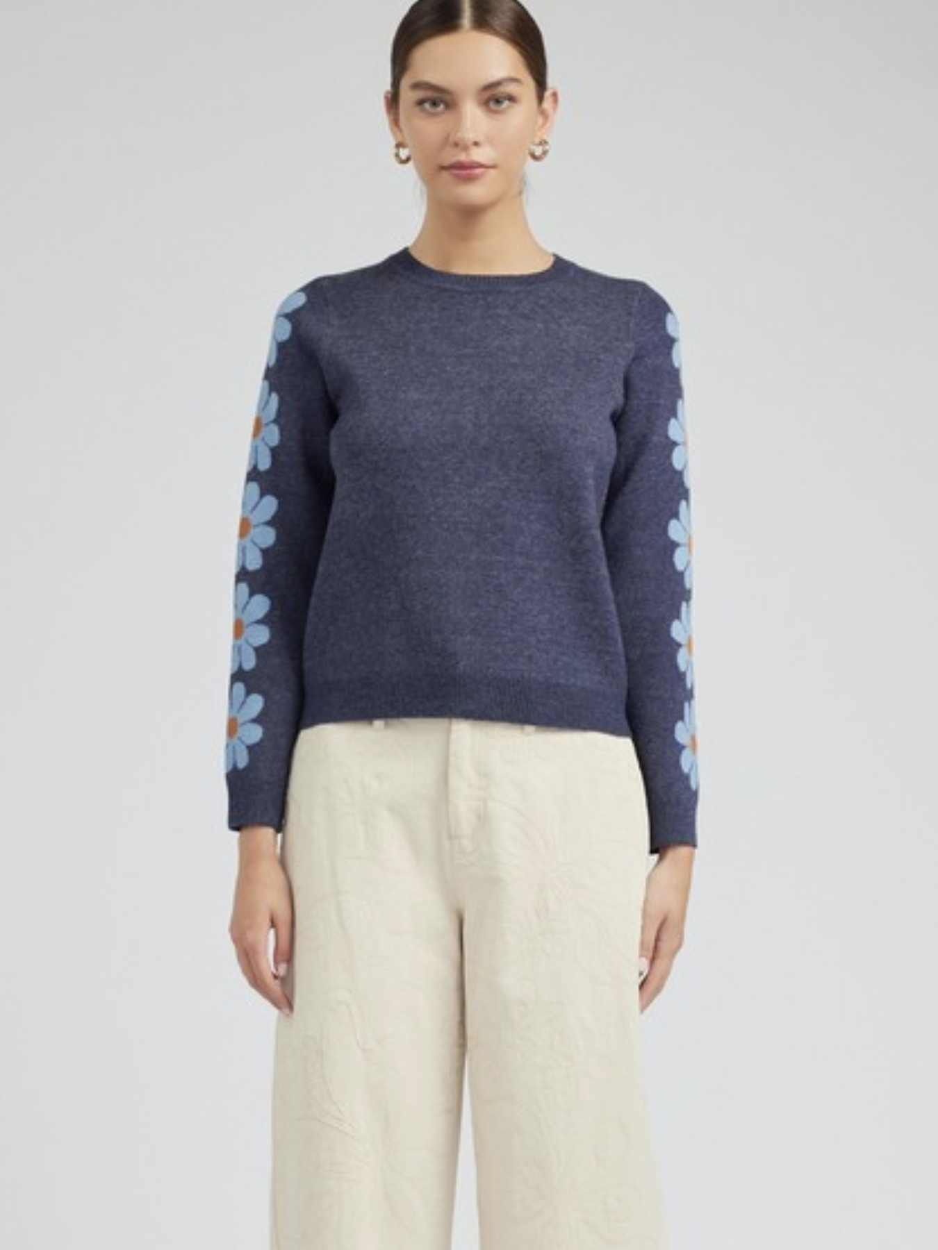 Floral Pattern Sleeve Round Neck Sweater - by Current Air®
