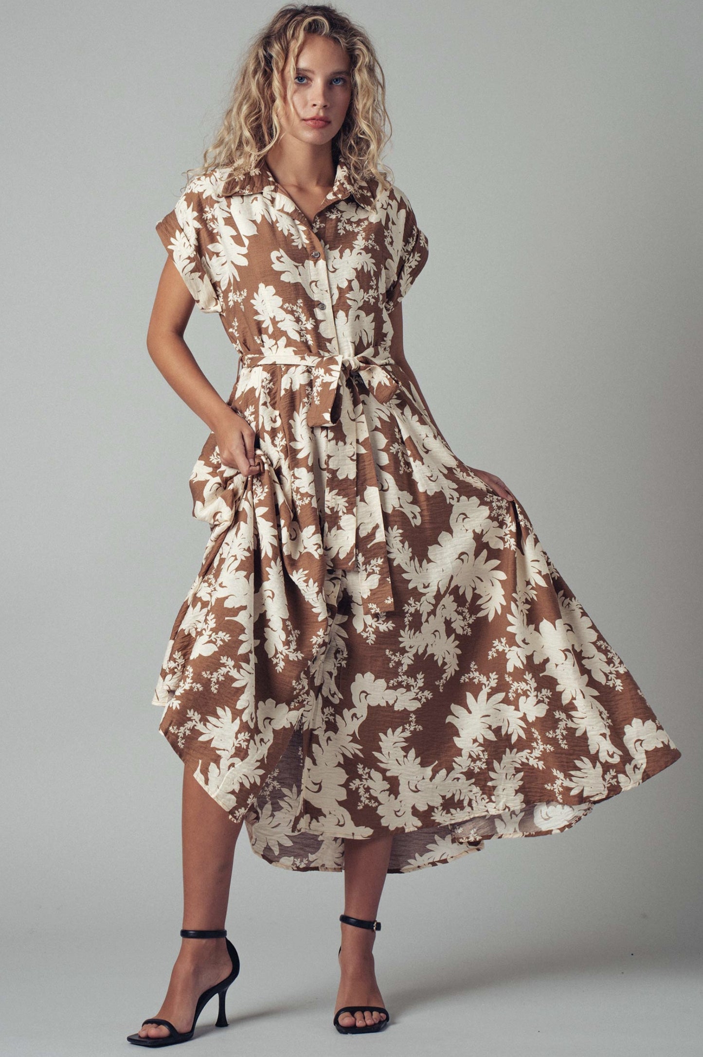 Floral Print Belted Shirt Dress - by Urban Daizy®