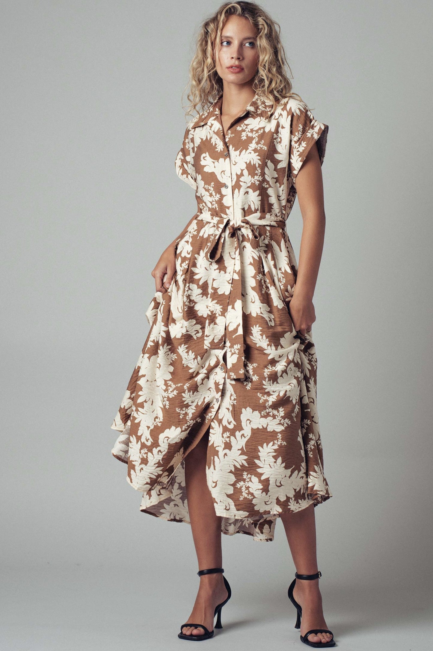 Floral Print Belted Shirt Dress - by Urban Daizy®