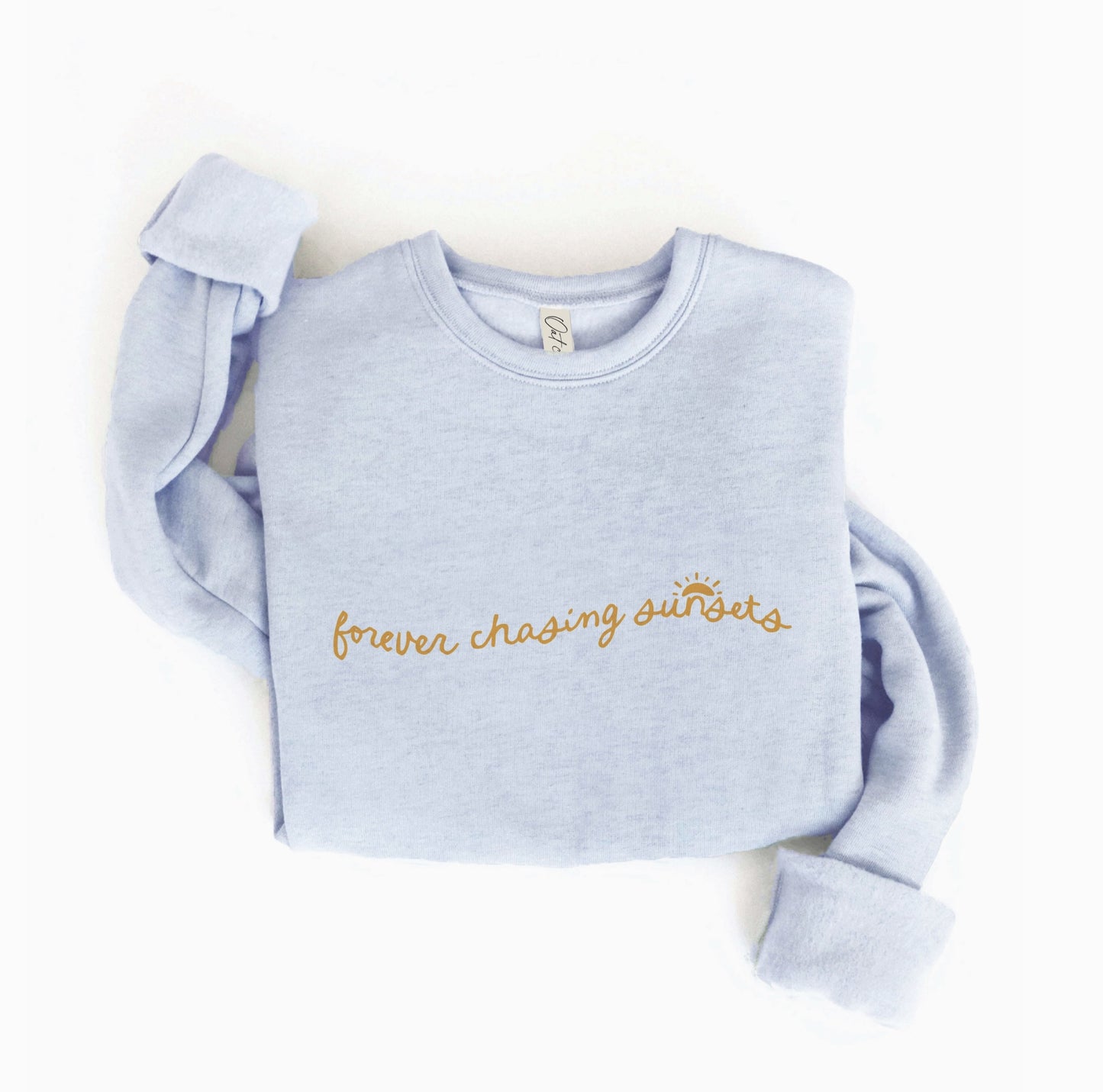 Forever Chasing Sunsets Graphic Sweatshirt (Light Blue color) - by OAT COLLECTIVE