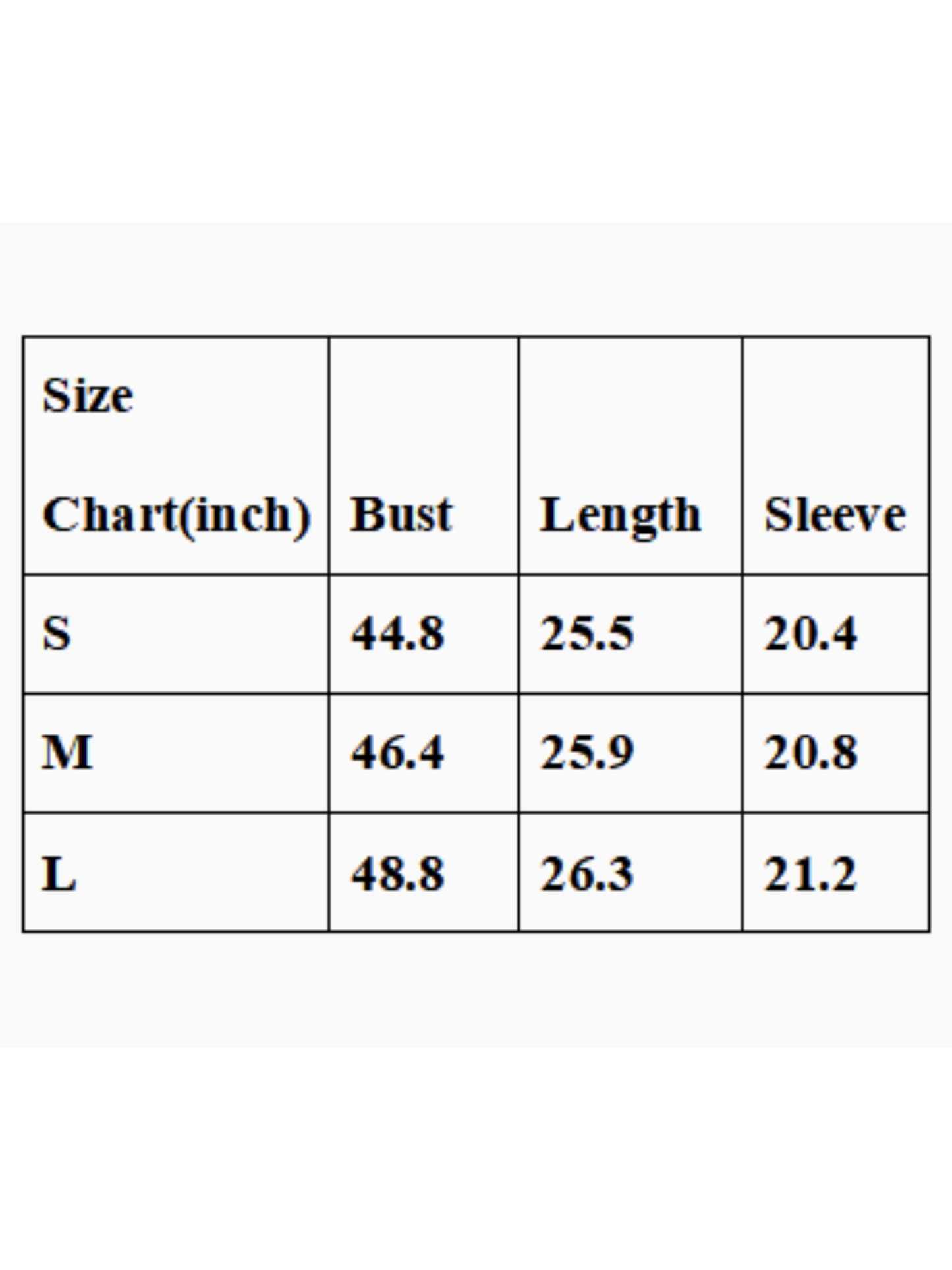 Size chart for hoodies with measurements in inches
