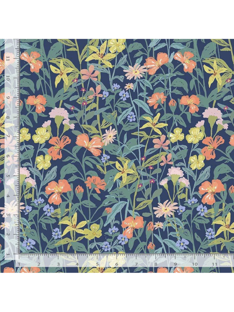 Vibrant watercolor fabric pattern with red, blue, and yellow tropical flowers and green leaves on a white background, rulers added for reference.