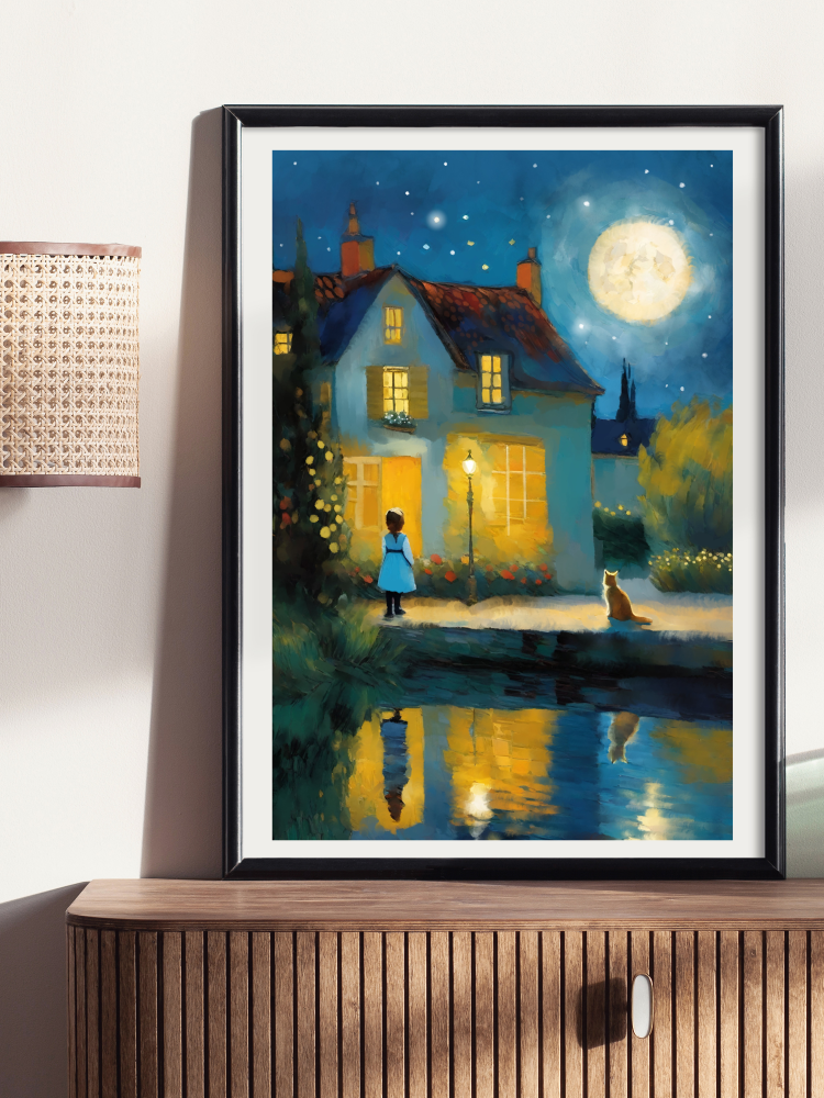 Framed mockup of Whimsical art of a girl and cat outside a glowing cottage at night, reflected in a pond under a giant, luminous full moon.