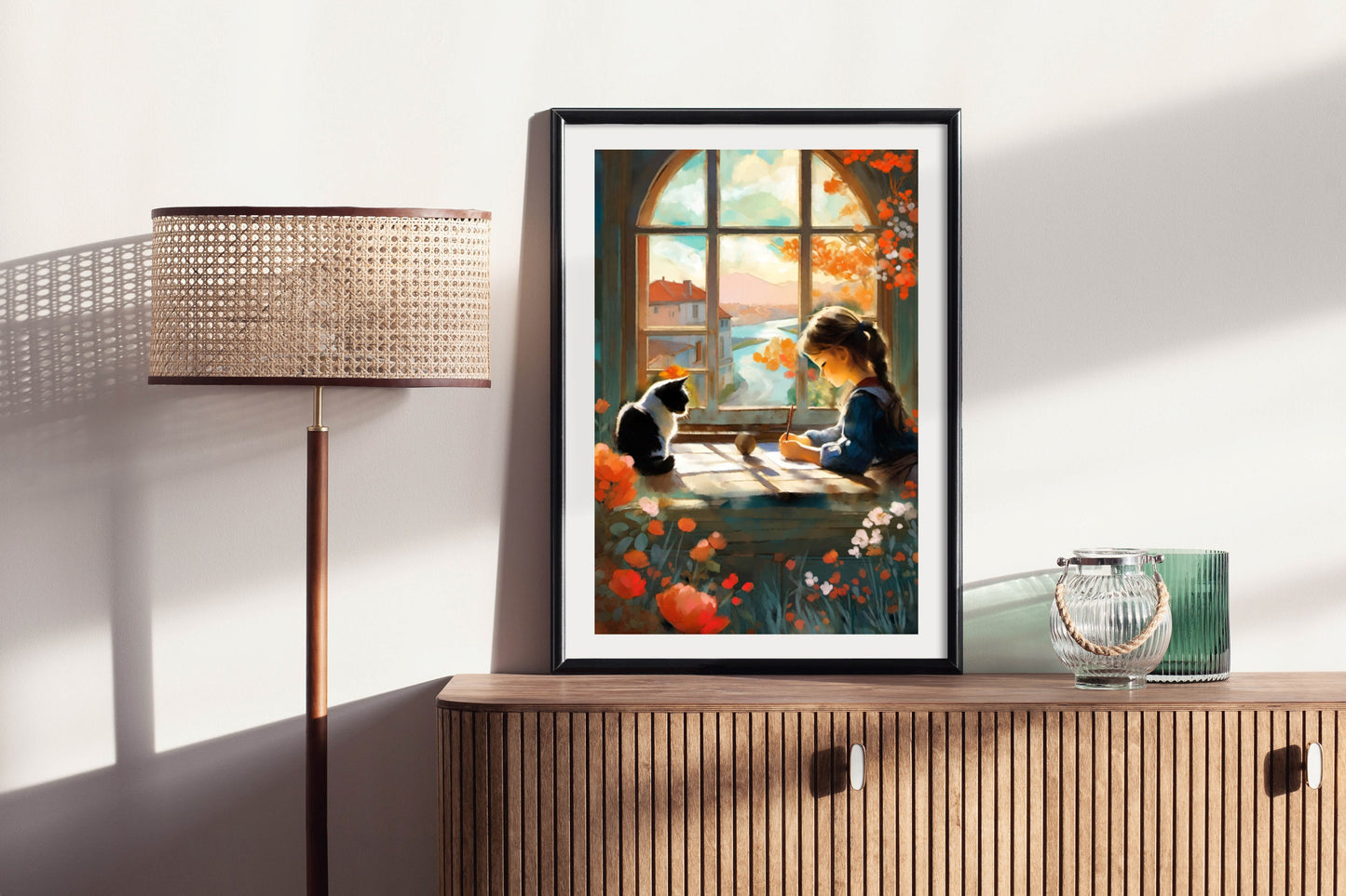 Imagination – Whimsical Art Print of a Girl and Cat by the Window