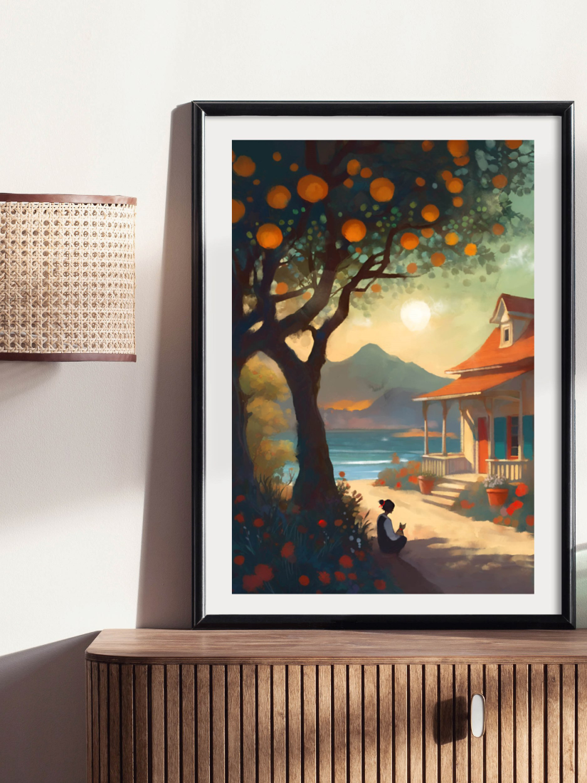 Framed mockup of Whimsical painting of a lush orange tree with vibrant citrus fruit and dappled sunlight in a painterly, artisanal style by @thomas.little.design.