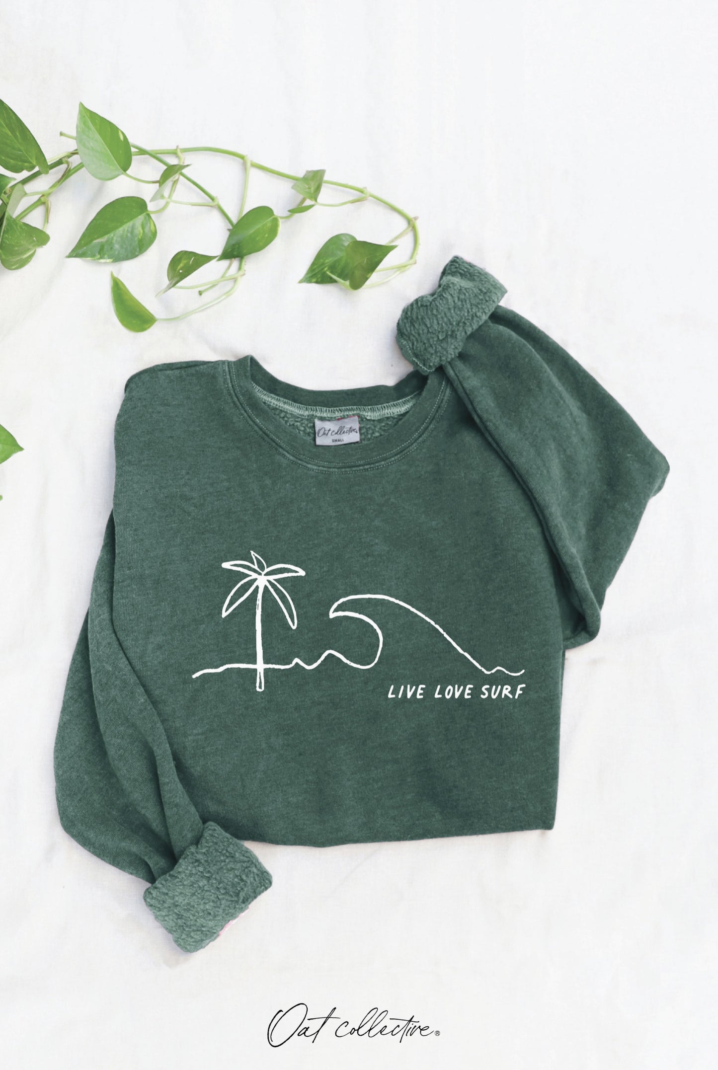 Live Love Surf Mineral Graphic Sweatshirt (Dust Forest color) - by OAT COLLECTIVE