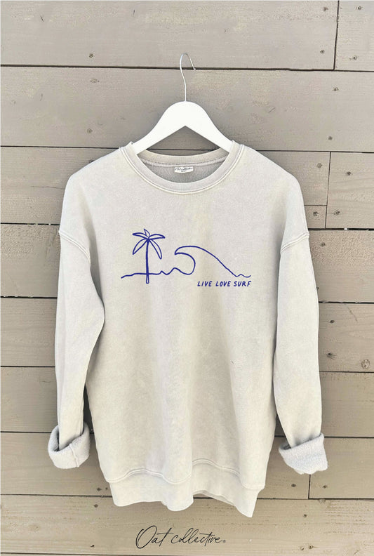 Live Love Surf Mineral Graphic Sweatshirt (White Dove color) - by OAT COLLECTIVE