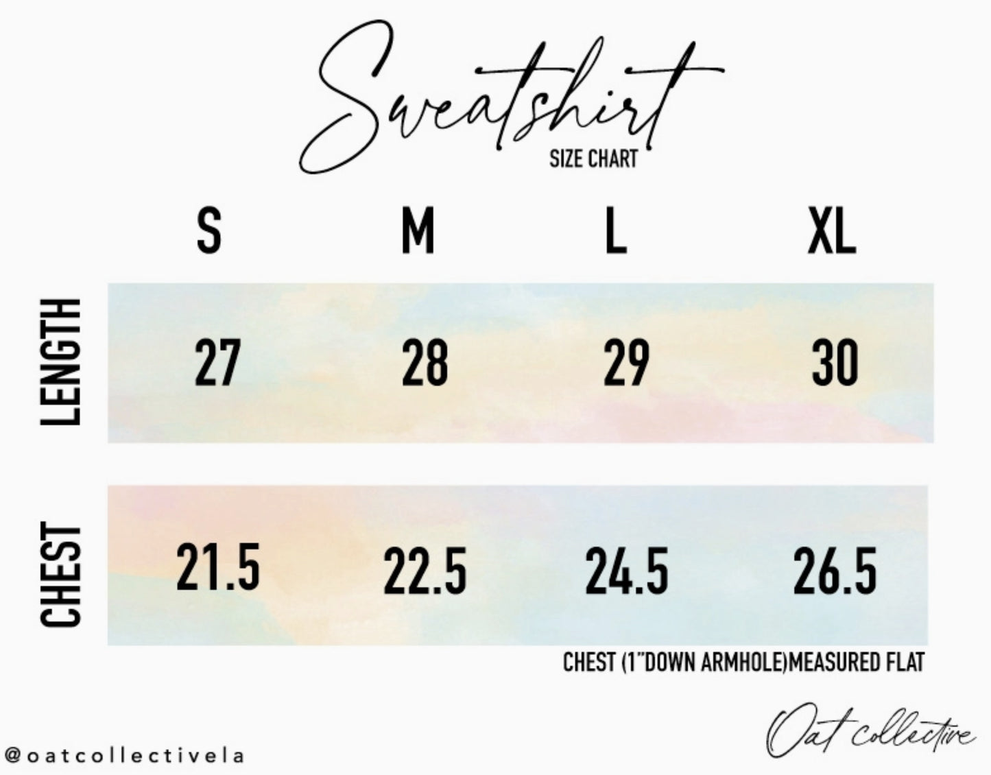 Sweatshirt size chart with measurements for length and chest in inches. Sizes range from S to XL. The chart includes the text "Sweatshirt" and the brand name "Oat collective".