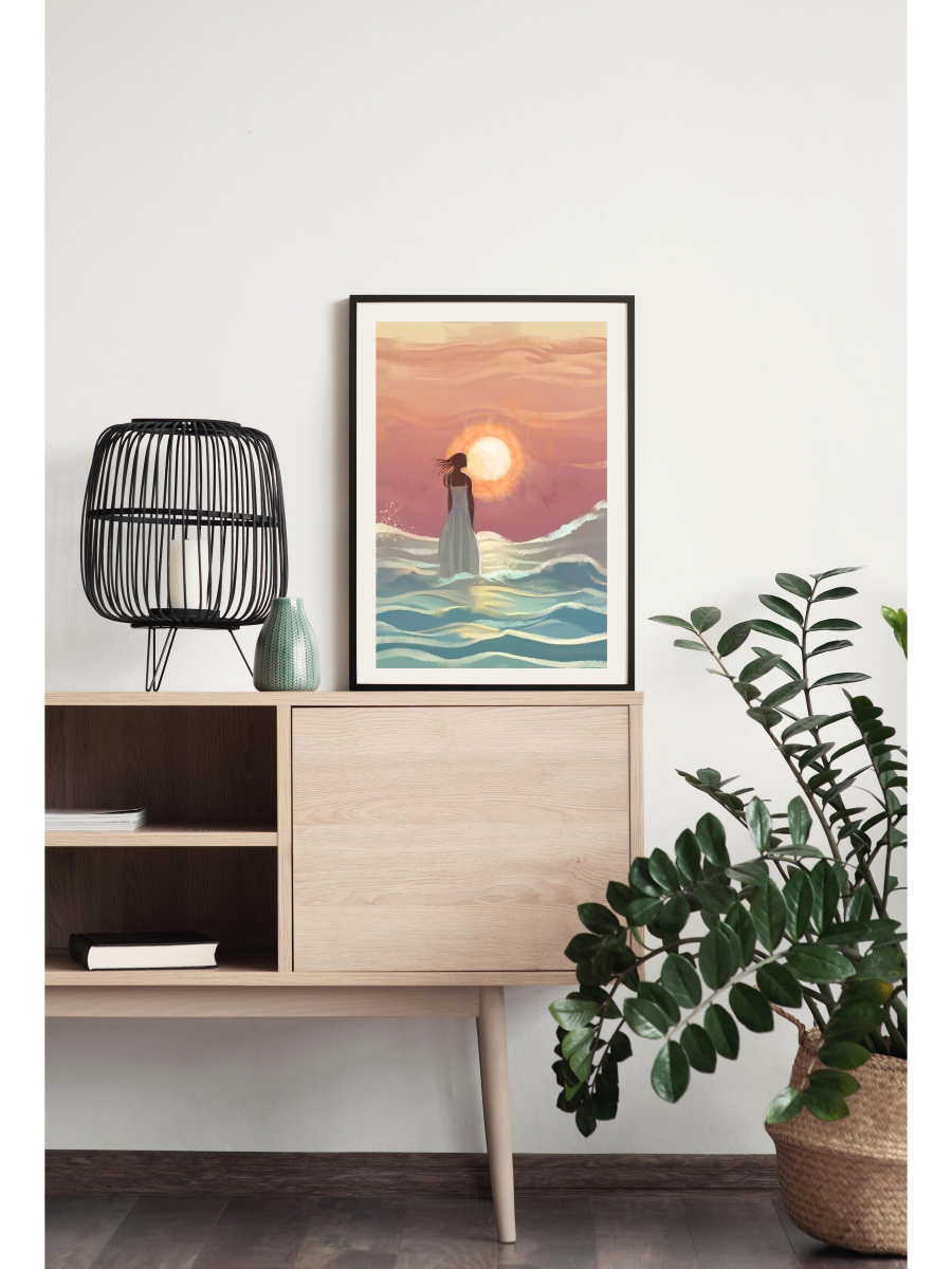 Framed artwork of Whimsical painting of rolling deep blue ocean waves with expressive, artisanal brushstrokes in a moody coastal style by @thomas.little.design.