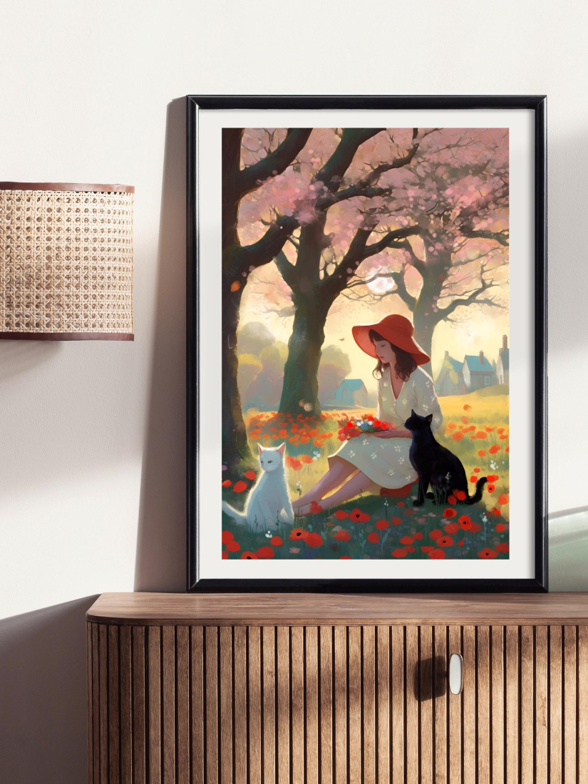 Framed artwork of a woman with two cats in a garden setting, displayed on a wooden surface.