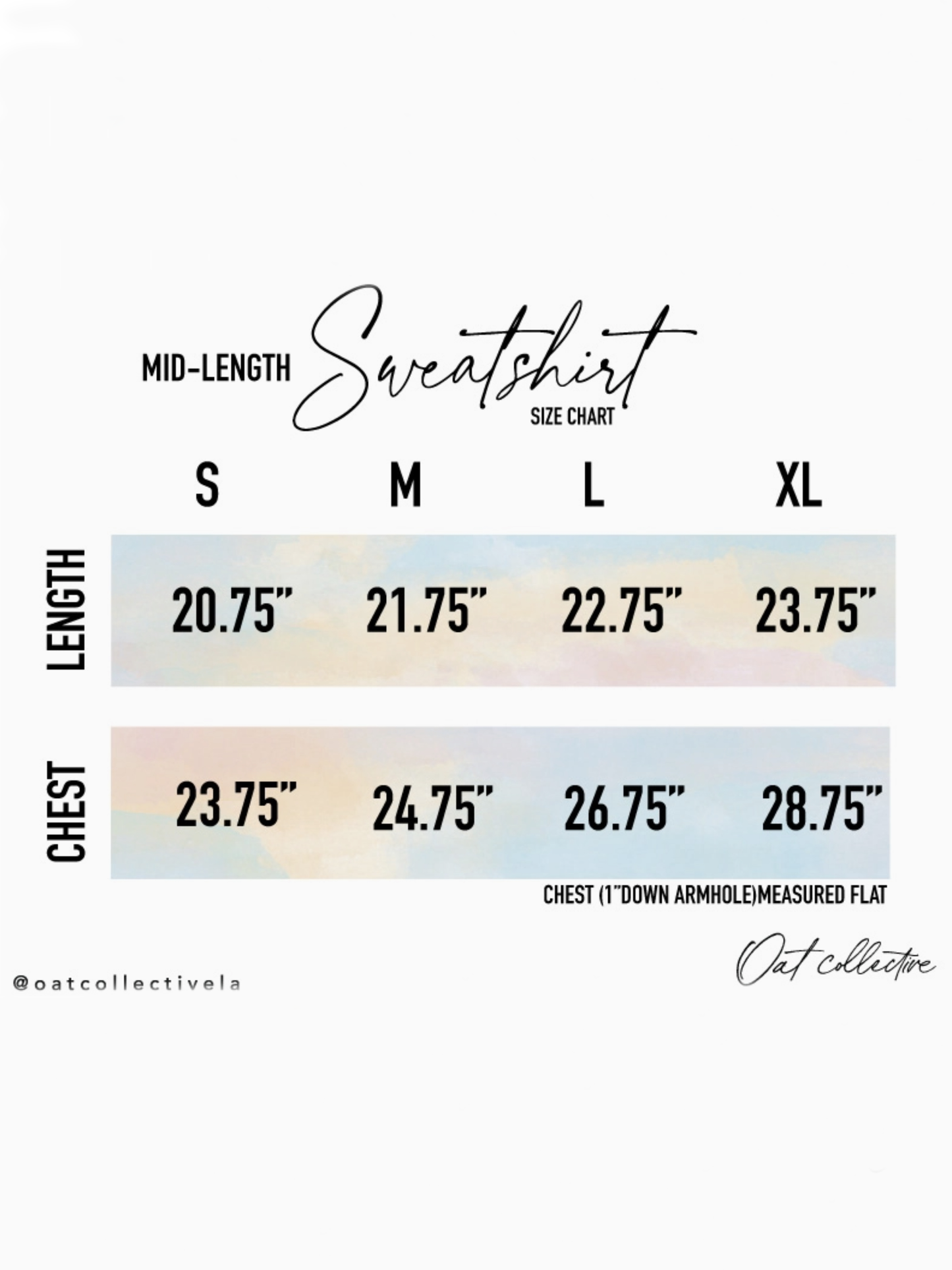 Size chart for mid-length sweatshirt with measurements in inches.