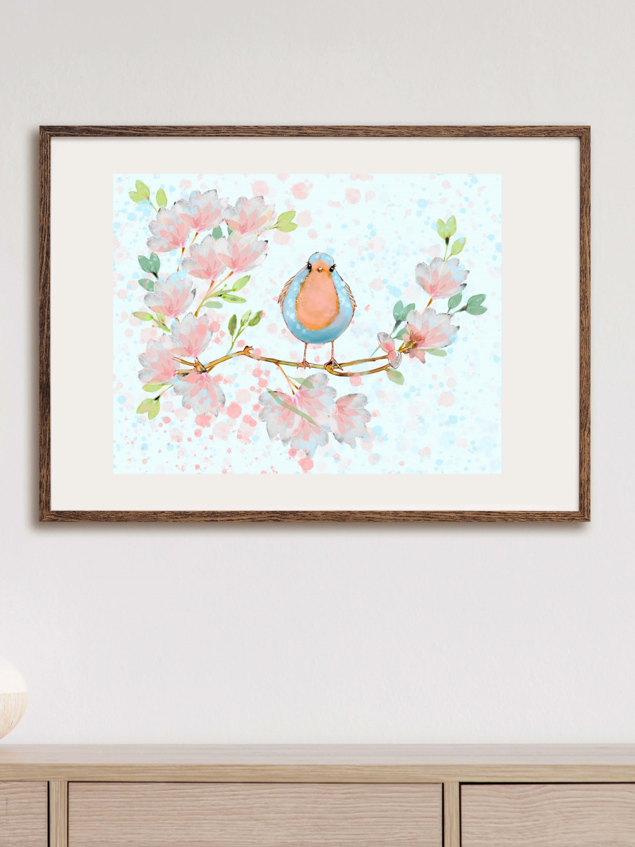 Framed artwork of a bird on a branch with flowers on a white wall.